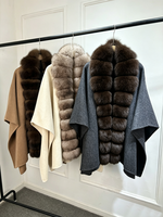 Janveny 2026 Manteau Poncho de Luxe Hiver Double Face en Cachemire Mélangé pour Femme, Veste Chaudes en Fourrure Naturelle Véritable avec Grand Col en Fourrure, Cape et Manteau en Fourrure