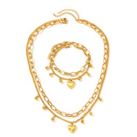 Ensemble de bijoux de créateur en acier inoxydable 304L et or PVD 18K, collier et bracelet double couche avec chaîne à perles en forme de cœur, pour soirée