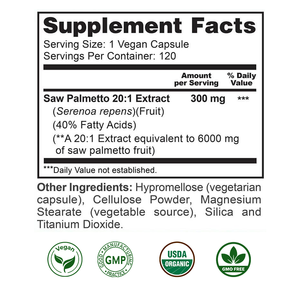 300mg tiêu chuẩn <span class=keywords><strong>Saw</strong></span> <span class=keywords><strong>Palmetto</strong></span> chiết xuất hiệu lực 20:1 với 40% axit béo 120 viên nang thuần chay cho sức khỏe tuyến tiền liệt Trưởng Thành - Product Image 2