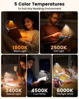 Lampe de lecture portable Glocusent à clipser, 20 LED, 5 couleurs et 5 niveaux de luminosité (3-100LM), rechargeable USB-C, 1200mAh, intensité réglable