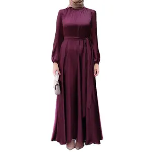 2022 new fashion Silky Satin Muslim Islamic Kaftan Puff Sleeve Party Gown crew neck Long Maxi Dress