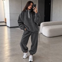 Ensemble survêtement femme gris oversize doublé sherpa, sweat-shirt à demi-zip à manches longues et pantalon large