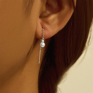 Pendientes Largos Geométricos Minimalistas CANNER con Borlas y Cadena, Pendientes de Hilo con Tres Perlas Número 8, Joyería de Plata de Ley 925 - Product Image 2
