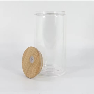 Bicchiere in Vetro Riutilizzabile per Sublimazione 16oz Trasparente a Doppia Parete con Coperchio in Legno Logo Personalizzabile Design Contemporaneo - Product Image 6
