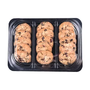 Custom Black Base Transparent Lid Plastic Rectangular 3 Compartment Dessert Bakery Pastry Biscuit Shortbread Packaging Box