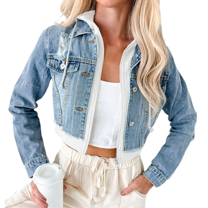 Canal dernier 2025 automne Vintage lavé fermeture éclair femmes Junior recadrée couches à <span class=keywords><strong>capuche</strong></span> Denim Jean <span class=keywords><strong>veste</strong></span> - Product Image 1