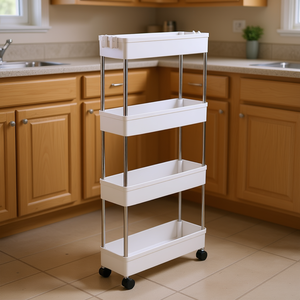 Estantería Móvil Delgada de 4 Niveles, Carro de Almacenamiento de Acero Inoxidable y Plástico, Organizador Blanco para Cocina y Baño, Uso en Espacios Estrechos - Product Image 2