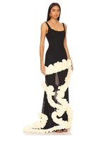 Robe longue élégante noire pour femme, taille empire, sans manches, à fleurs blanches, coupe trapèze, idéale pour les soirées – Grande Vente, Qualité Supérieure