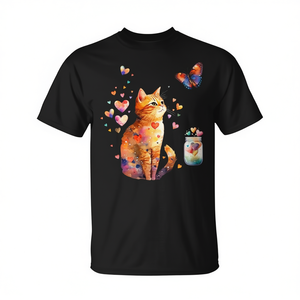 Camiseta con diseño de gato tabby naranja con corazones y mariposas para amantes de los gatos, manga corta, cuello redondo, unisex, para adultos, impresión digital - Product Image 2