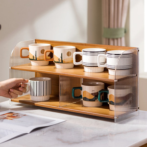 Support de tasses en bambou à 2 niveaux pour organiser les mugs, tasses à thé et à café sur la table de cuisine - Product Image 1