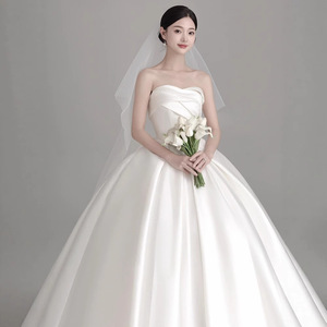 Strapless Satin Wedding Dress Princess Waistline White Floor Length Simple Elegant For Petite Brides - Product Image 2