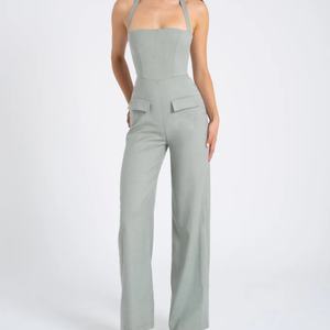 Fashion Ladies Backless Jumpsuit Women's <b>Leisure</b> Flare Fitness Sports Jumpsuit Flare Pant Loose Pocket <b>Suit</b> Fabric - Product Image 2