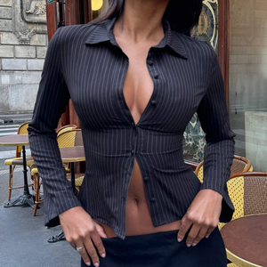 Camisa Corta a Rayas con Botones para Mujer, Manga Larga, Corte Ajustado, Diseño Recortado, Ropa de Oficina, Blusa de Popelina para Todas las Temporadas - Product Image 3