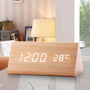 Triangle Wooden Alarm Clock Watch LED Digital Wood <b>Thermometer</b> Sound Voice Control Desk Table Despertador Reloj - Product Image 2
