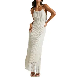 CaiNan custom wholesale hollow out crochet dress beach sweater fashion sexy beach wear white maxi crochet dress women