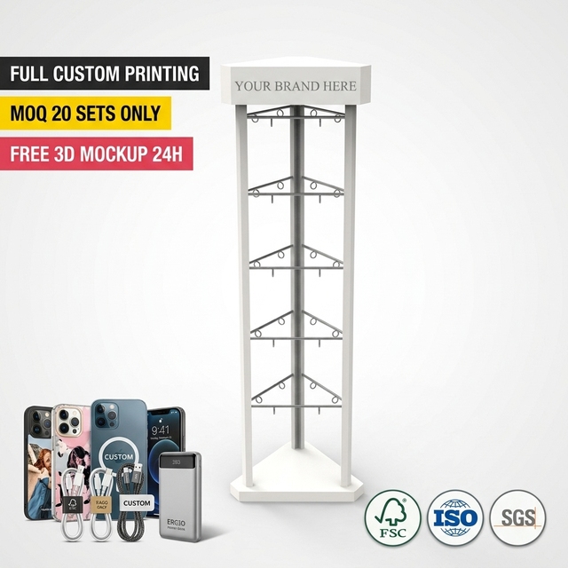 Cell Phone Accessories Display Stand Metal Retail Store Fixture 3-Sided Phone Case Charging Cable Rack Electronics Floor Shelf