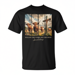 Camiseta Follow The Word Not The Herd con diseño de vaca de las Tierras Altas occidentales cristianas - Product Image 2
