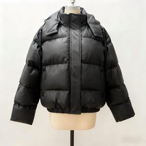 Blouson court en cuir <span class=keywords><strong>noir</strong></span> pour <span class=keywords><strong>femme</strong></span> avec capuche et cordon de serrage - Manteau chaud d'hiver - Product Image 2