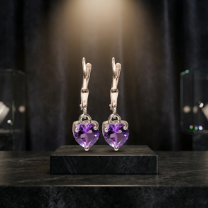 Boucles d'oreilles pendantes de luxe en argent sterling 925 plaqué rhodium avec améthyste taille cœur violette, fermoirs à levier sécurisés, pour femme, mariage et soirée - Product Image 4
