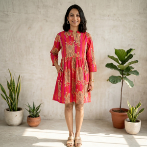 Pink Embroidered Digital Animal Boho <b>Dress</b> <b>Bell</b> <b>Sleeve</b> A-Line Mini Casual Daily Summer Pockets Washable Natural Woven Cotton - Product Image 1