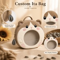 Sac à dos Ita personnalisé en forme de hamster potelé, brodé, joues rosées, visage rebondi, pattes roses, fenêtre transparente ronde, style Kawaii