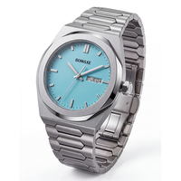 Montre à quartz BOMAXE en acier inoxydable, cadran bleu aqua clair, aiguilles lumineuses, affichage de la date, résistance à l'eau 5 BAR, personnalisable