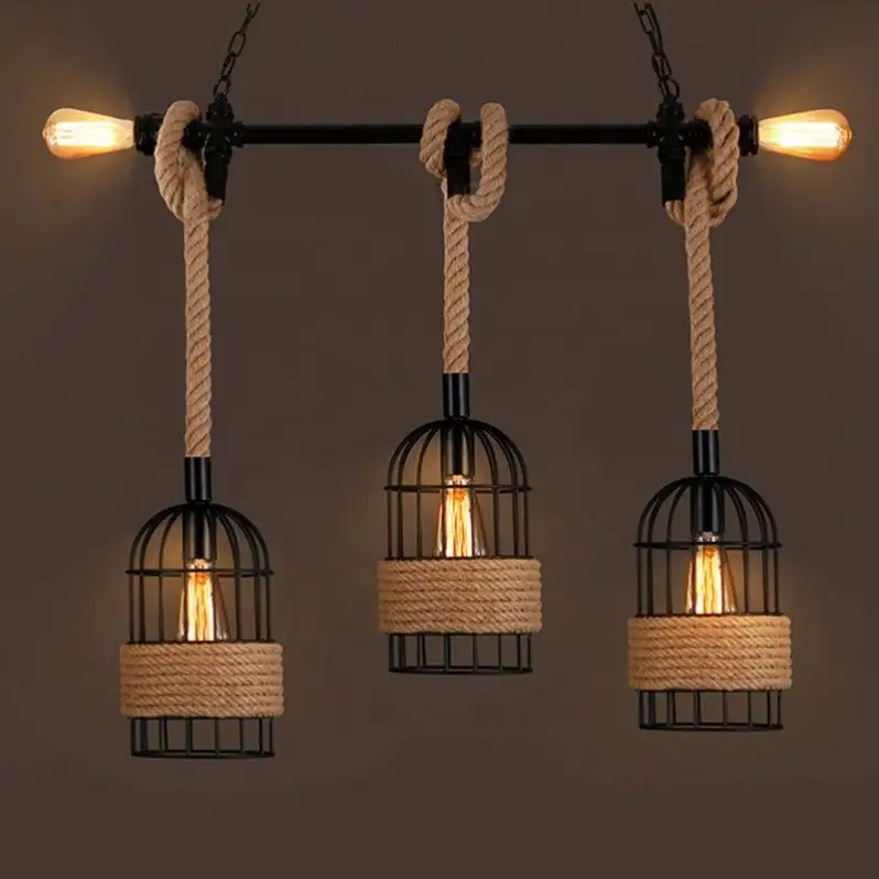 Lámpara colgante de cuerda de cáñamo estilo rústico, jaula de Metal para comedor, restaurante, KOALA