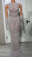Robe de cocktail élégante pour femme Ocstrade, avec décoration en strass, chaîne de perles de luxe, style français, avec gants.