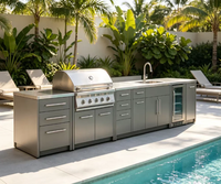 Meja Samping dengan Baki Lemak yang Dapat Dilepas, Perlengkapan Dapur Modern, BBQ Kingdom 4 Gas Grill, Pelat Masak Besi Cor Stainless Steel, Kabinet Pembakar