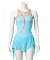 Robe de patinage artistique bleu ciel sans manches, dos ajouré orné de strass, en maille, pour adultes et enfants