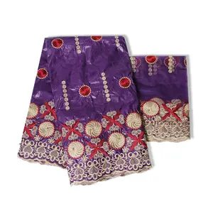 2024 Latest Embroidery African Women Bazin 100% Cotton Five Yards Bazins Fabric With Two Yard Scarf Set K0223