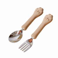 Ensemble fourchette et cuillère pour enfants Meitai, forme de patte de chat, sans BPA, silicone, acier inoxydable, poignée antidérapante, vaisselle lavable pour les tout-petits 0+