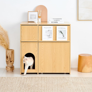Meuble de rangement élégant pour litière de chat avec porte, motif grain de bois, pour toilettes pour animaux de compagnie et accessoires - Product Image 1
