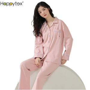 Moda piel amigable manga larga cuello en V cárdigan Pijama de algodón 2 uds conjunto Sexy ropa de dormir mujeres con bolsillo para el hogar - Product Image 3