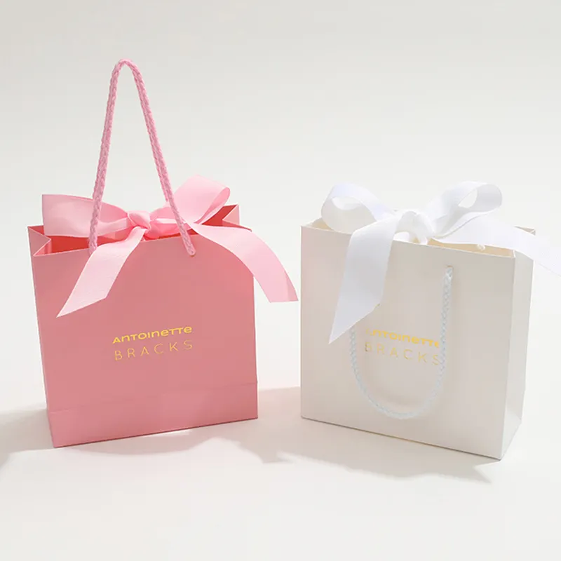 Индивидуальные печатные ленты, бумажные подарочные пакеты для ювелирных изделий с бантом, Пользовательский логотип, роскошная ленточная ручка, упаковочная сумка для покупок