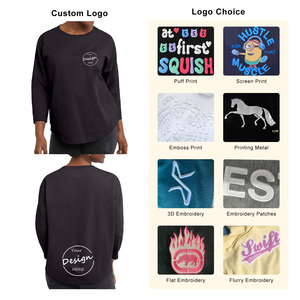 T-Shirt all'ingrosso con stampa personalizzata alla rinfusa <span class=keywords><strong>nera</strong></span> 220 GSM pesante manica 3/4 con orlo curvo in cotone tinta unita per le donne - Product Image 2