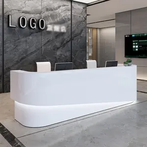 Custom Make 100% MDF Wood With LED Light And LOGO High Gloss Beauty Salon Hotel Lobby Office Grand Modern Front Reception Desk