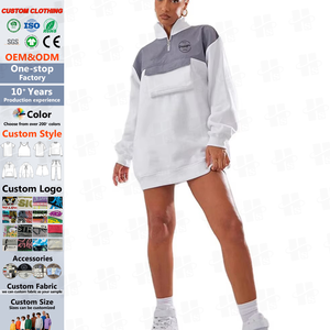 New White Shell Pocket Contrast <strong>Longline</strong> <strong>Women</strong> Embroidery Casual Oversized Sweat <strong>Jumper</strong> Dress Color Block Zip up Hoodie - Product Image 1