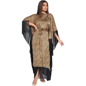 2975 Kuwii Modest Modern Fashion Dress Batwing Sleeve Fringe Kaftan Leopard Arabic Muslim Party Dresses Abaya Dubai 2023