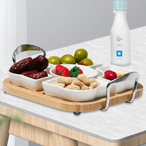 Plateau de service en bambou Plats de service à dessert Plateau à collation 5 assiettes amovibles en porcelaine blanche avec plateau en bambou - Product Image 3