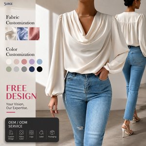 Camicetta da Lavoro da Donna <span class=keywords><strong>Bianca</strong></span> in Chiffon Effetto <span class=keywords><strong>Raso</strong></span> con Collo a Cappuccio, Scollo a V, Maniche Lunghe a Sbuffo Drappeggiate e Polsini Elastici, Vestibilità Ampia - Vendita all'Ingrosso - Product Image 1