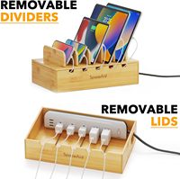 Organisateur de station de charge en bambou avec séparateurs amovibles, boîte de gestion des câbles pour plusieurs appareils, station d'accueil pour téléphone portable
