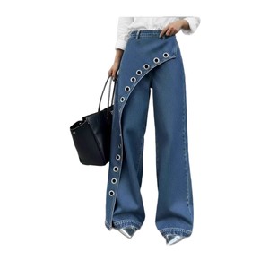Pantalones Vaqueros Casuales de Pierna Recta y Ancha para Mujer, Diseño de Empalme Novedoso 2026, Color Sólido - Product Image 6