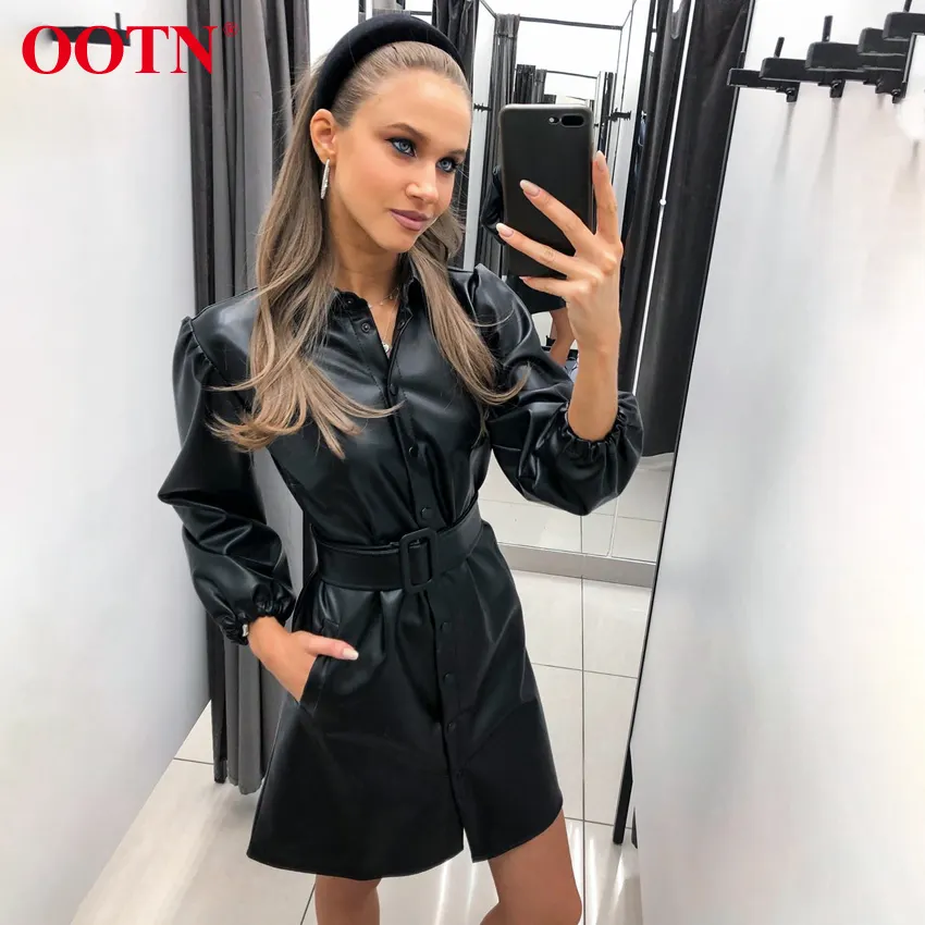 OOTN Single Buckle Autumn Winter Outfits Women Oversized Streetwear Jacket Clothing Black PU Leather Short Dress With Belt