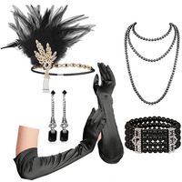 Perlengkapan Aksesori Wanita Gaya Gatsby Tahun 1920-an: Hiasan Kepala Bulu, Kalung Manik-manik Hitam, Anting-anting Kristal, Gelang, Sarung Tangan Opera Panjang