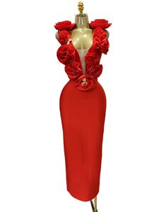 Robe midi pour femme avec appliques florales 3D - Robe de soirée extensible sans manches à col en V profond - Mode - Product Image 2