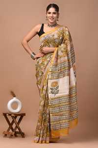 Sari de Seda Chanderi Pura Estampado a Mano con Blusa - Elegante Sari de Seda Chanderi Pura - Prenda Étnica Estampada a Mano - Product Image 2