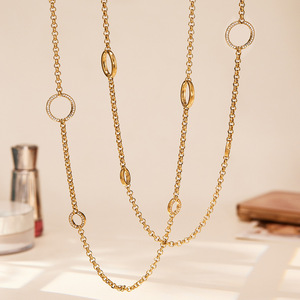 3-Tier Graduated Pave CZ Open Circle <b>Long</b> Multi Layer Rolo Chain <b>Necklace</b> - Product Image 3