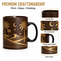 Tasse à café/thé en céramique marron foncé avec motif palmier tropical et feuille d'or – Cadeau d'entreprise, logo personnalisé, vaisselle haut de gamme en gros