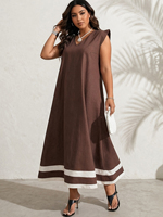 Robe élégante pour femmes, col en V, manches bouffantes, bordure blanche, longueur midi, convient pour les trajets quotidiens, les vacances à la plage, taille plus